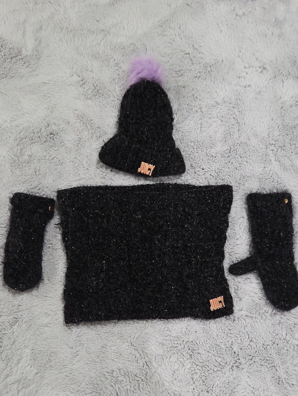 Juicy Couture Black Sparkle Knit Hat, Neck Warmer, And Mittens with Purple Pom